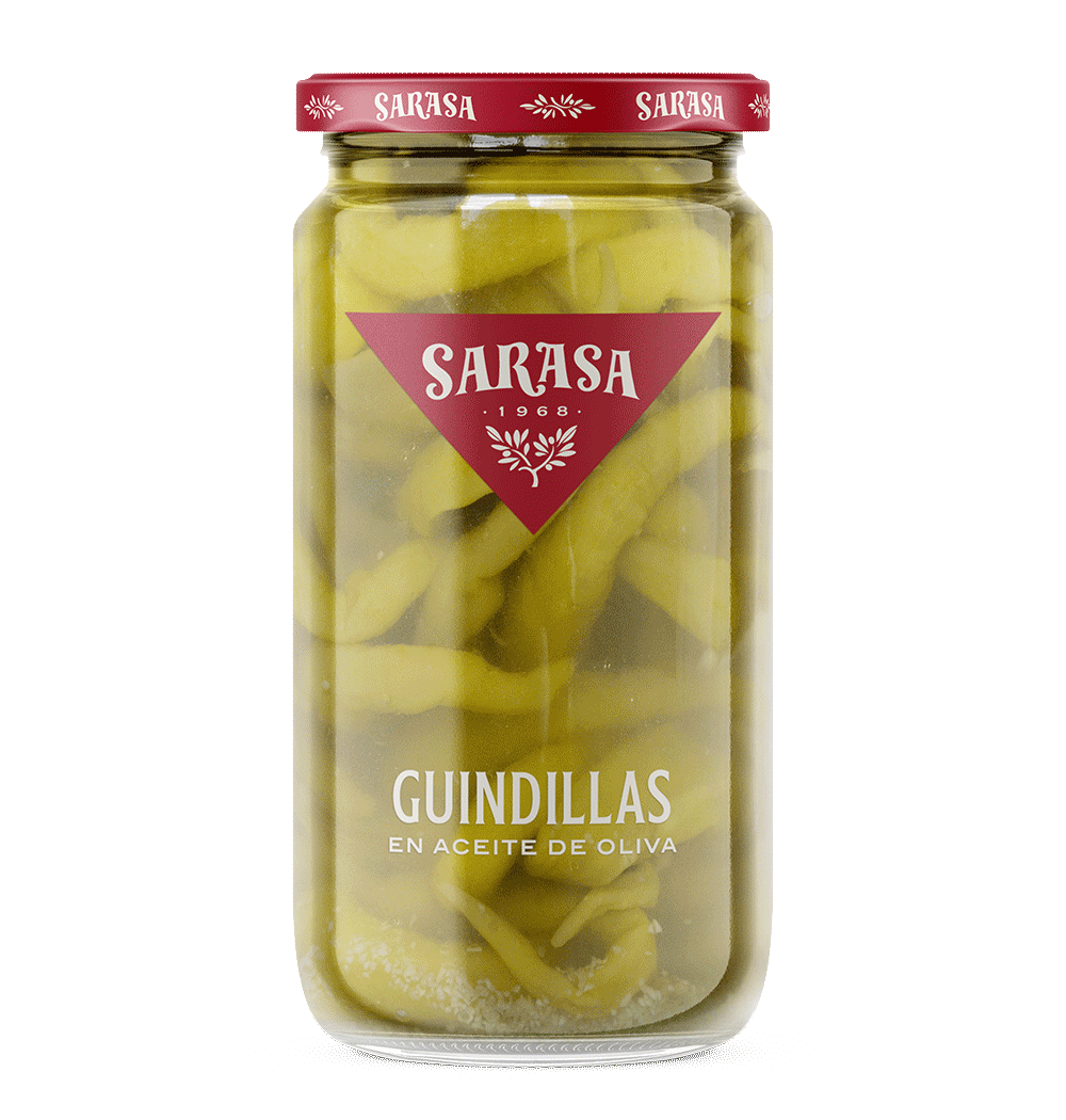 Guindillas en aceite de oliva - Aceitunas Sarasa 390gr ¿Qué esperas para probar las aceitunas de Sarasa? Disfruta de su sabor suave y fresco, su textura crujiente y jugosa, y su inconfundible aroma mediterráneo.