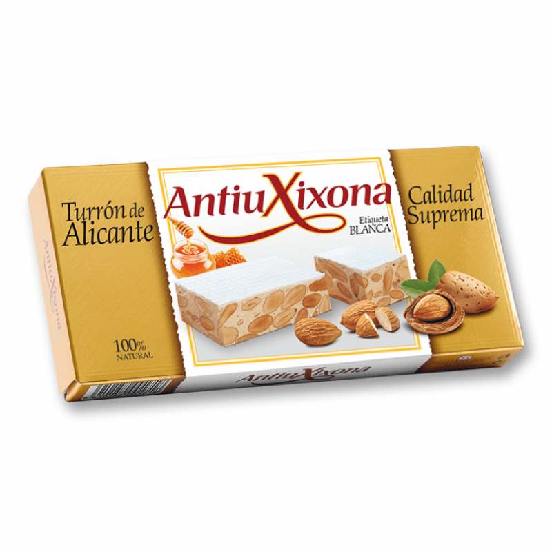 <span style="vertical-align: inherit;"><span style="vertical-align: inherit;">¡Sumérgete en la tradición y el sabor de España con nuestro Turrón de Alicante de la prestigiosa marca Antiu Xixona Etiqueta Blanca! </span><span style="vertical-align: inherit;">Este exquisito turrón es la auténtica joya de la gastronomía española, elaborado con almendras de primera calidad y miel pura de la región de Jijona.</span></span>